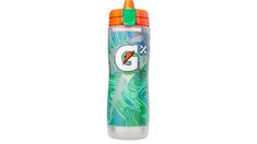 the gatorade water bottle has an orange cap and is filled with green swirls