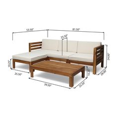 a wooden couch and coffee table with measurements