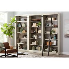 a living room filled with lots of furniture and bookshelves next to a window