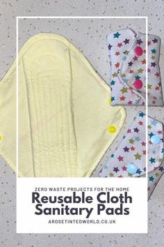 the reusable cloth sanitary pads are shown in three different colors and sizes, with text overlay