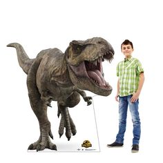 a young boy standing next to a fake t - shirt that looks like a dinosaur