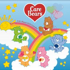 care bears are flying in the sky with rainbows and stars on it's sides