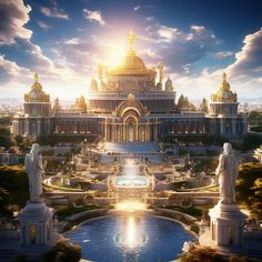 an aerial view of a palace with fountains in the foreground and sun shining through clouds