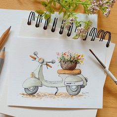 a drawing of a scooter with flowers on it