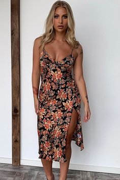 Floral Side Split Spaghetti Strap Deep V Neck Midi Dress Split Design, V Neck Midi Dress, Dresses Floral, Floral Dresses, Side Split, Stylish Fashion, Floral Midi Dress, Club Dresses, Dress 100