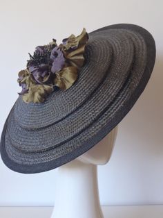 Commission piece.  Black parisisal straw in stepped platter hat.  Trimmed with handmade flower in green and purple charmeuse satin.  Greer McDonald Millinery.  www.greermcdonald.com.au Kawaii Hats, Rafia Hat, Make Your Own Hat, Fascinator Hats Diy, Kawaii Hat, Millinery Hats, Diy Hat