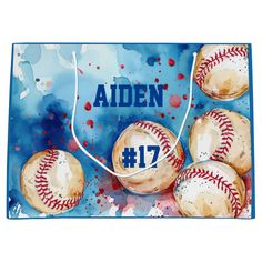 a blue bag with baseballs and the words aden 17 written in white on it