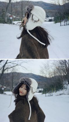 two pictures of a woman wearing a hat in the snow