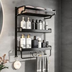 a bathroom shelf filled with personal care items