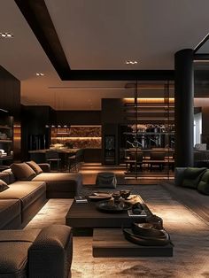 a living room with couches, tables and lamps on the ceiling is lit by recessed lights