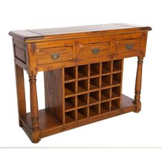 a wooden table with wine bottles on it and two drawers under the top, in front of a white background