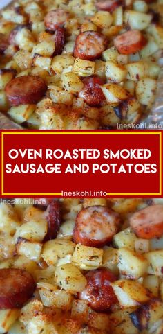 two different views of sausage and potatoes with text overlay that reads weight watchers oven roasted smoked sausage and potatoes