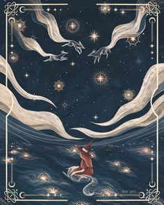 a woman sitting on top of a body of water surrounded by stars