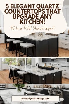 the kitchen counter top is white and has four stools on it, with text overlay