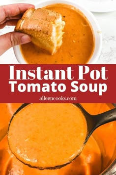 instant pot tomato soup in a white bowl with a spoon scooping out the soup