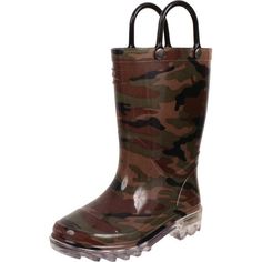 Let your little adventurer embrace the rains wearing the fun Western Chief Lighted PVC Camo Rain Boot. Rain or shine, a lighted outsole paired with a whimsical print and functional pull handles guarantee that your little one will enjoy wearing these durable boots. Features and Benefits Pull on construction Functional pull handles Lighted outsole Whimsical print Size: 13.  Color: Green.  Gender: male.  Age Group: kids. Pull Handles, Rain Or Shine, Rain Boot, Kids Lighting, Rain Wear, Boys Shoes, Kid Shoes, Size 13