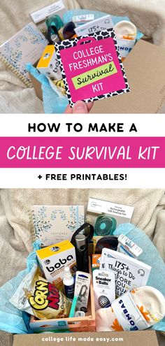 how to make a college survival kit + free printables Dorm Gift Basket, Dorm Survival Kit, Freshmen Year Survival Kit, College Basket, College Freshman Survival Kit, College Gift Baskets, College Dorm Gifts