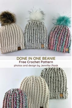 three knitted beanies with pom - poms are shown in different colors