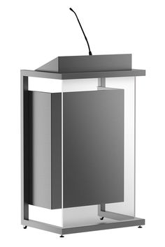 a white and gray podium with a black microphone on the top, standing in front of a white background