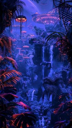 an image of a jungle scene with waterfall and trees in the foreground at night