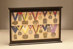 a shadow box with medals and ribbons on the front is shown in an image that appears to be made out of plywood