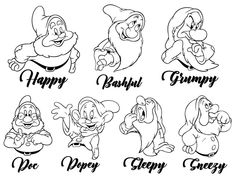 the seven dwarfs from snow white and seven dwarfs, drawn by hand in black ink