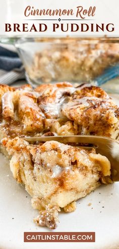 cinnamon roll bread pudding on a white plate