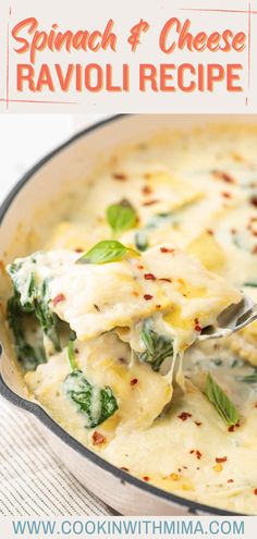 spinach and cheese ravioli recipe in a skillet with a spoon scooping out