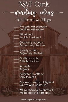 a wooden barn with the words rsvp cards wedding ideas