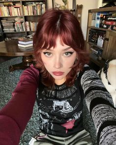 Christmas Party Outfits Grunge, Short Layered Hair Bangs, 90s Grunge Haircut, Kailee Morgue, Red Core, Ruby Gloom, Wine Hair, Red Hair Inspo