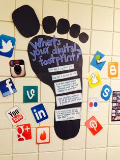 a bulletin board with social media icons on it and a foot print in the middle