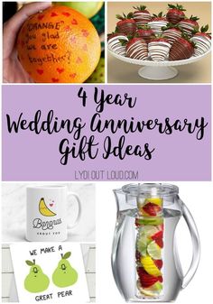 the four year wedding anniversary gift ideas are featured in this collage with text overlays