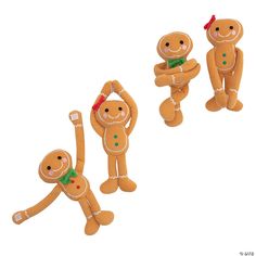 three gingerbread man ornaments are shown in three different positions