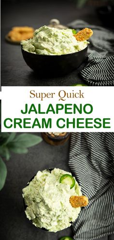 a bowl filled with jalapeno cream cheese on top of a black table