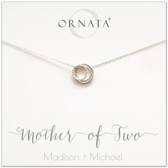 Mom or Mother of Two - personalized silver necklaces. Our sterling silver custom jewelry is a perfect gift for mothers of two children, daughters, granddaughters, grandmothers, sisters, best friends, wives, girlfriends, and family members. Also a good gift for Mother’s Day. Delicate sterling silver rings represent a mother and her two children. Mother Of Twins, Mother Necklace Personalized, Mother Of Two, Dainty Diamond Necklace, Necklace For Girlfriend, Kids Necklace, Presents For Mom, Mothers Necklace, Diamond Cross Pendants