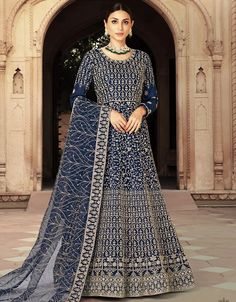 Blue Anarkali style Anarkali Semi-Stitched Suits Anarkali Lehenga Gowns, Blue Anarkali, Long Anarkali, Anarkali Lehenga, Modest Evening Dress, Readymade Saree, Salwar Kameez Designs, Anarkali Suit, Anarkali Suits