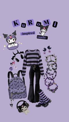 a woman's outfit and accessories are arranged in the shape of an animal on a purple background