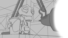 a drawing of a robot standing in front of a wall with a camera on it