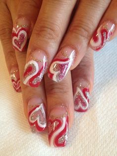 Cute Valentines Nails Acrylic, Valentine Nails Pink, Nail Art Designs Valentines Day, Valentines Nail, Valentine Nail, French Tip Nail Designs