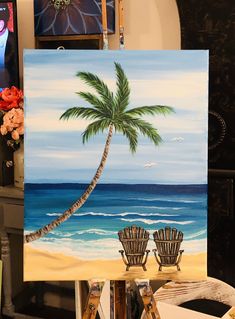 a painting of two chairs and a palm tree