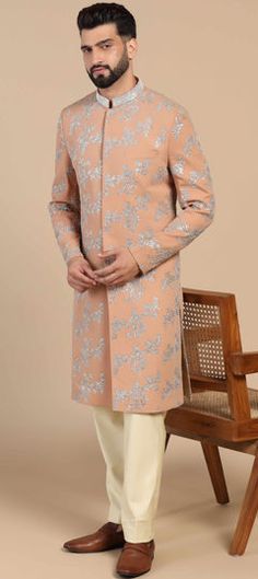 Pink and Majenta color Sherwani in Cotton, Satin Silk fabric with Cut Dana, Embroidered, Thread, Zari work Luxury Long Sleeve Pink Sherwani, Luxury Pink Sherwani For Transitional Season, Luxury Pink Sherwani Straight Kurta, Luxury Pink Sherwani With Zari Work, Luxury Pink Sherwani For Diwali, Engagement Reception, Reception Lehenga, Wedding Sherwani, Wedding Pink