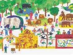 an image of children's artwork with animals, trees and people in the background