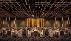 an empty banquet room with tables and chairs