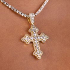 Introducing the Iced Gothic Cross in Yellow Gold - a stunning addition to your pendant collection. Crafted with a durable 18k Gold finish and hand-set stones, this cross is guaranteed to make a statement! Pair this piece with our 3mm Tennis Necklace in Yellow Gold for a complete, elevated look. This product is guaranteed for life - GLD will repair the item should you experience any defects in craftsmanship or breakage. Specifications - 35mm x 42mm (Width x Height) - Weight: (Weight can vary +/- Gothic Cross, Gothic Crosses, Vermeil Jewelry, Tennis Necklace, Custom Earrings, Drop Necklace, Pendant Bracelet, Chain Pendants, Cross Pendant