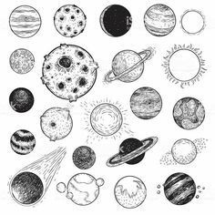 the solar system with all its planets in black and white stock photo, royalty illustration