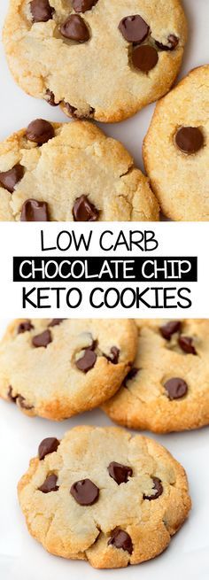 low carb chocolate chip keto cookies on a white plate with text overlay