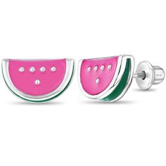 Looking for a fun pair of screw back earrings for your little girl? These super charming watermelon slices are crafted of brightly colored enamel and crafted from 925 sterling silver for a sleek and polished finish that's sure to attract attention. Securely fastened with safety screw backs, you won't have to worry about your little one losing a watermelon on the playground. Order today and we'll neatly package this charming pair of watermelon earrings into a lovely gift box for you. Age Group: C Playful Pink Jewelry With Fruit Design, Pink Fun Jewelry With Fruit Design, Fun Green Fruit Design Earrings, Green Fruit Design Fun Earrings, Fun Pink Jewelry With Fruit Design, Cute Green Jewelry With Fruit Design, Fun Pink Fruit Design Jewelry, Trendy Pink Fruit Design Earrings, Playful Summer Birthday Jewelry