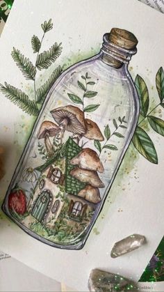 a bottle filled with mushrooms sitting on top of a table