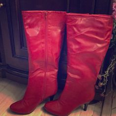 Nwot Red Heel Boots With A Stretch For Wider Calves Red High Heel Winter Boots, Red High Heeled Boots For Winter, Casual Red Heeled Boots For Fall, Chic Red Winter Boots, Red Round Toe Heeled Boots For Spring, Red Heeled Boots With Round Toe For Spring, Red Wide Calf Round Toe Heeled Boots, Red Round Toe Boots For Winter, Red Knee-high Heeled Boots For Fall