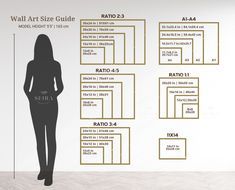 a woman standing in front of a wall with measurements